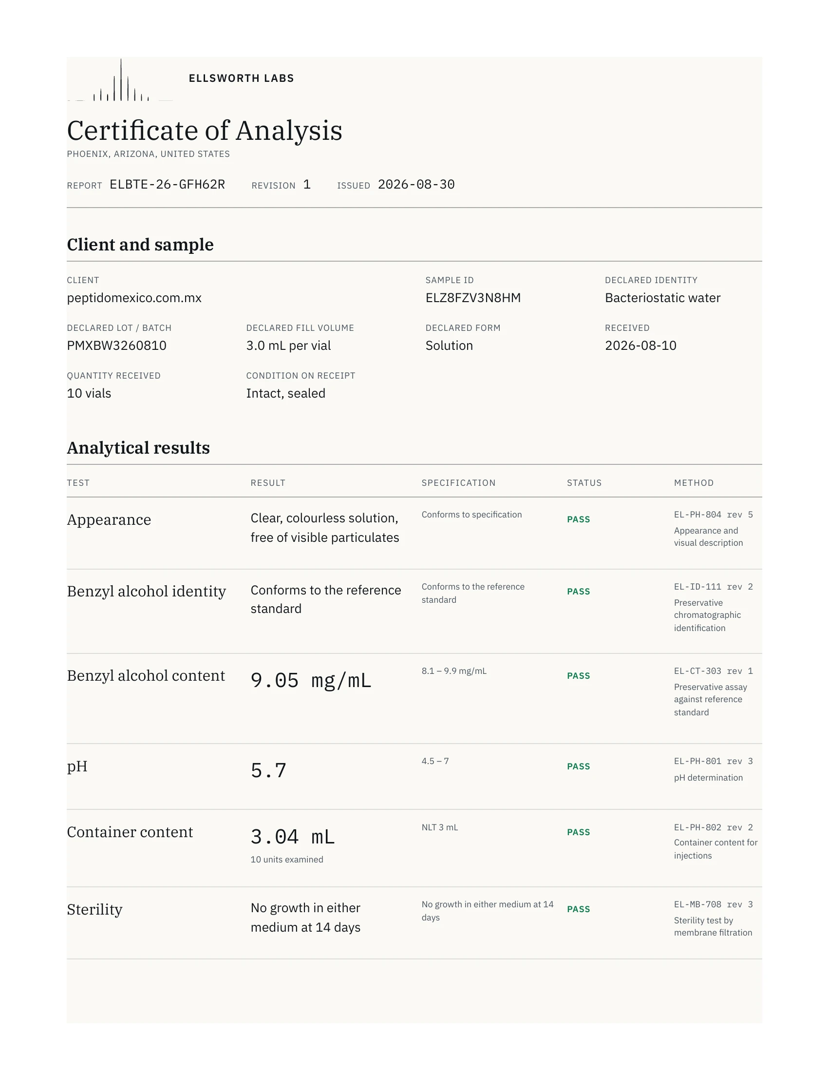 Certificado de análisis de 3 ml, página 1 de 2