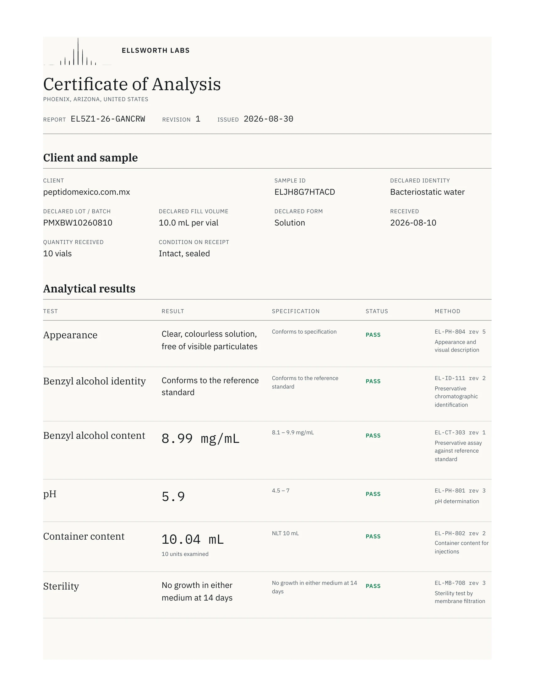 Certificado de análisis de 10 ml, página 1 de 2