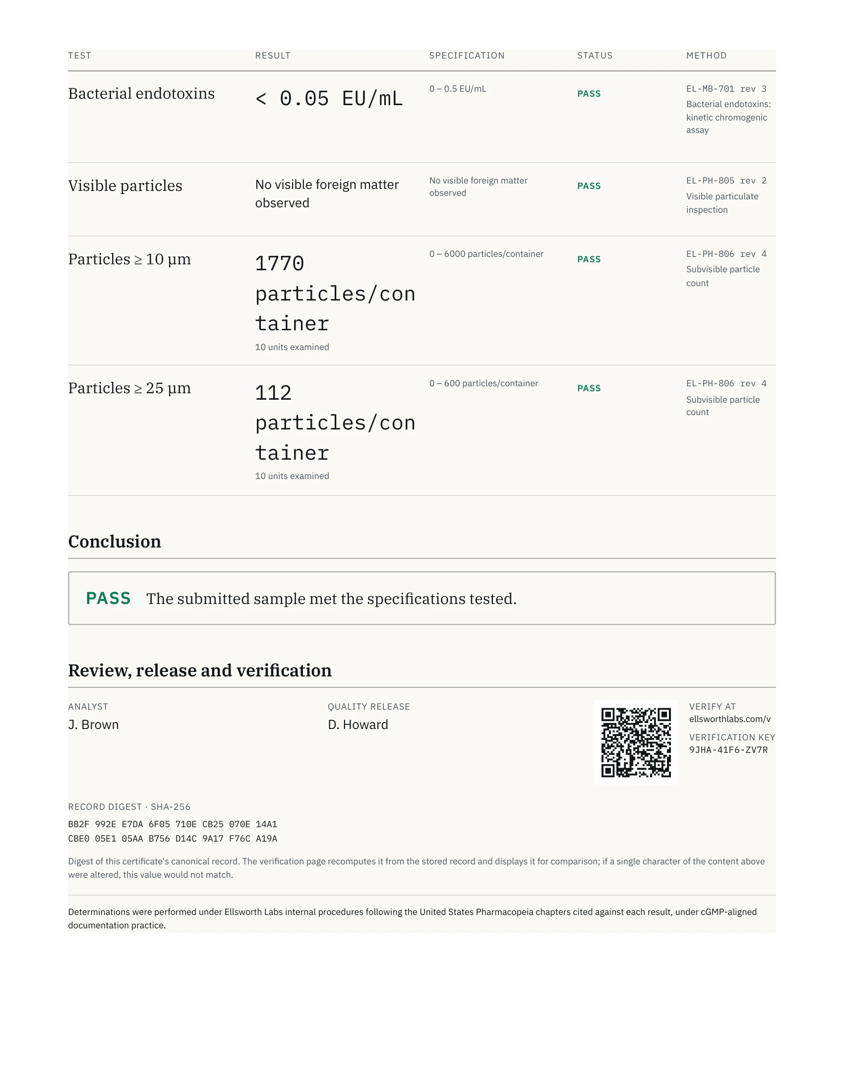 Certificado de análisis de 10 ml, página 2 de 2